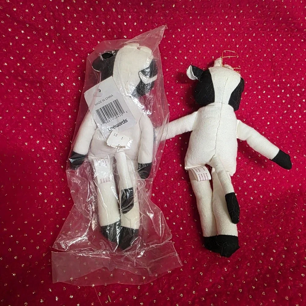 Vintage Leewards Cow Plush Ornaments‎ Set of 2 Black White Hanging Dolls Holiday